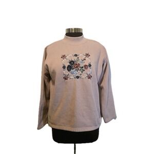 Vintage Pink Embroidered Floral Sweatshirt Women's Cozy Cottagecore Grandmacore